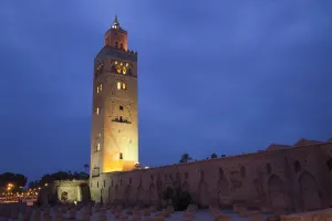 Moroccan Prints: Mosque minaret in city at night, Koutoubia Mosque, Marrakesh, Morocco, may