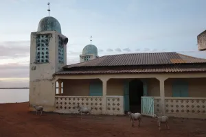 Sun Light Prints: Mosque and sheep in village at sunset, Gambia, january