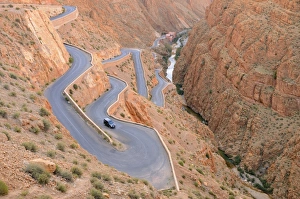 Steep Prints: Mountain pass with hairpin bends on road, Dades Gorge, Atlas Mountains, Morocco, january