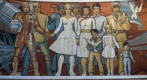 Mural depicting Russian cosmonaut Yuri Gagarin, first human in space, and Mongolian people with white doves