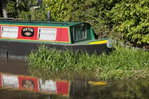 Moored Prints: Narrowboat moored at canal bank