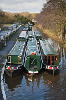 Water Ways Prints: Narrowboats moored on canal, Shropshire Union Canal, Bunbury, Cheshire, England, january
