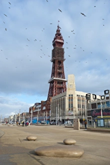 New promenade development in seaside resort town, Blackpool Tower in background, Blackpool, Lancashire, England, january