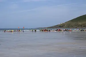Sandy Prints: The north end of Saunton Sands beach at low tide with a surfing class