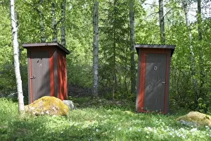Outdoor Prints: Outside lavatories for gentlemen (H) and ladies (D) at edge of forest, Sweden, may