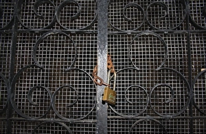 Saint Marys Prints: Padlock and chain on church porch gate