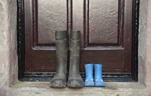 Door Prints: Two pairs of wellington boots, one childrens pair and one mens pair