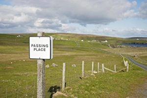 Passing Prints: Passing Place sign on single track road, Fetlar, Shetland Islands, Scotland, June