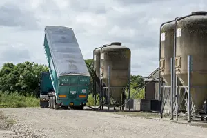 Vehicle Prints: Pig farming, BOCM Pauls lorry delivering feed to storage bins on pig farm