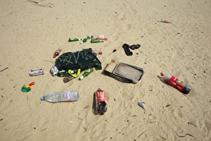 Pollution Prints: Plastic and glass bottles, plastic bag