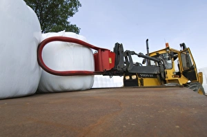 Plastic wrapped round silage bales, stacked onto trailer with mechanical loader, Sweden
