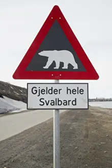 Dangerous Prints: Polar Bear (Ursus maritimus) warning sign at roadside, Longyearbyen, Spitsbergen, Svalbard