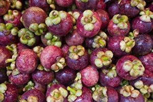 Fresh Prints: Purple Mangosteen (Garcinia mangostana) fruit, for sale on market stall, Hong Kong, China