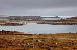 Grey Prints: Rainclouds gathering over coastline, Hell Bay, Bryher, Isles of Scilly, England, september