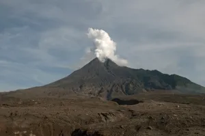 Javan Prints: Recently erupted volcano with ash plumes
