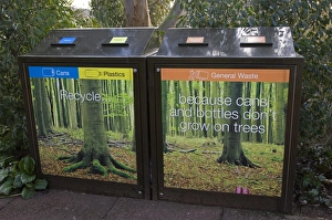 Re Cycle Prints: Recycling waste disposal bins, for cans, plastics and general waste, England, march