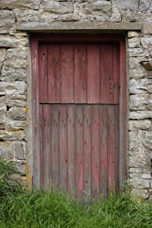 Muker Prints: Red door of stone barn, Muker, Swaledale