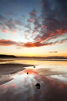 Remains Prints: Remains of ancient forest exposed on beach during low tide at sunset