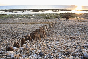 Remains Prints: Remains of breakwater on beach with incoming tide at dawn