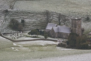 Fogs Prints: Rime frost, with rural church in valley, Dorset, England, december