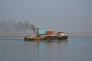 Lorries Prints: Two river ferries in tandem, carrying truck over river, Lohit River, Assam, India, january