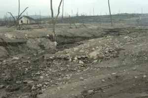 Javan Prints: Riverbed and field covered in ash