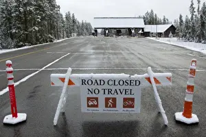 Western Prints: Road Closed, No Travel sign in snow