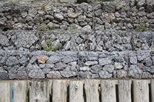 Stones Prints: Rock filled gabions used as coastal erosion defence at base of sea cliffs