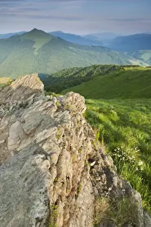 Eastern Europe Prints: Rock formation and montane meadow habitat in evening sunlight, Bieszczady N. P