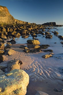 Rocks on beach with sea cliffs at sunrise, Saltwick Nab, Saltwick Bay, North Yorkshire, England, august