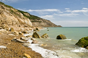 Sand Stone Prints: Rocks on beach and in sea under sandstone cliffs