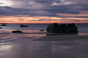 Rocks on beach at sunset, Durness Beach, Durness, Sutherland, Highlands, Scotland, july