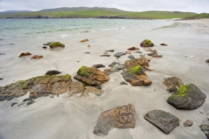 Sandy Prints: Rocks on sandy beach, Lunda Wick Bay, Unst, Shetland Islands, Scotland, June