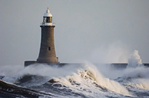 Stormy Prints: Rough sea and breakwater with lighthouse