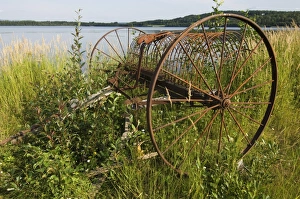 Rusty Prints: Rusty old-fashioned horse-drawn hay rake, at edge of water, Sweden