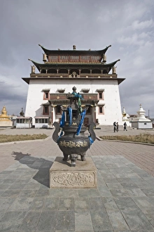 Buddhism Prints: Sacred urn in front of Buddhist monastery