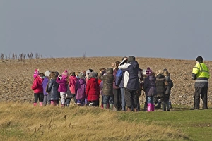 Conserves Prints: School group birdwatching on coast, Norfolk, England, November