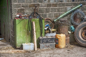 Waste Prints: Scrap metal and batteries on farm, Barton, Lancashire, England, March
