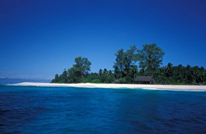 Indian Ocean Prints: Seychelles Cousin Island viewed from the sea, Seychelles