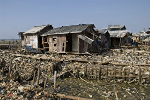 Javan Prints: Shacks surrounded by rubbish in slum, Muara Karang, Jakarta, Java, Indonesia
