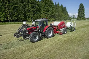 Cultivate Prints: Silage crop, Massey Ferguson tractor with round baler and bale-wrapper