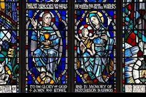 Religions Prints: Stained glass window depicting Mother and Child and Jesus (in memory of John and Ethel Hutchison)