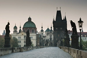 Central Europe Prints: Statues on Charles Bridge (Karluv Most) at dawn, Vltava River, Prague, Czech Republic, May