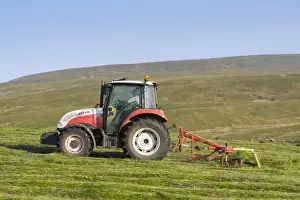 Agriculture Prints: Steyr tractor with tedder, turning grass in upland hay meadow, Cumbria, England, July