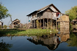 Stilted houses on edge of lake, Inle Lake, Shan State, Myanmar, January