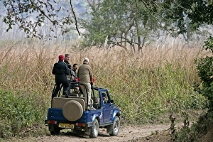 Holidays Prints: Tourists in tiger-watching jeep, Corbett N. P. Uttarakhand, India, january