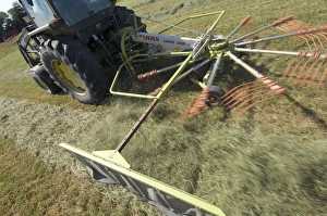 Tedders Prints: Tractor with Cls Liner 350 rotary rake, turning cut grass for silage crop, Sweden