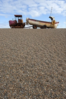 Machinery Prints: Tractor with landed fishing boat on shingle beach, Weybourne, Norfolk, England, august