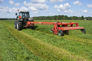 Cultivate Prints: Tractor with mower, cutting grass for silage, Sweden, july