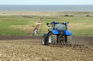 Cultivating Prints: Tractor tilling soil in coastal arable farmland